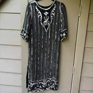Sequin Dress vintage silk black silver midi maxi
